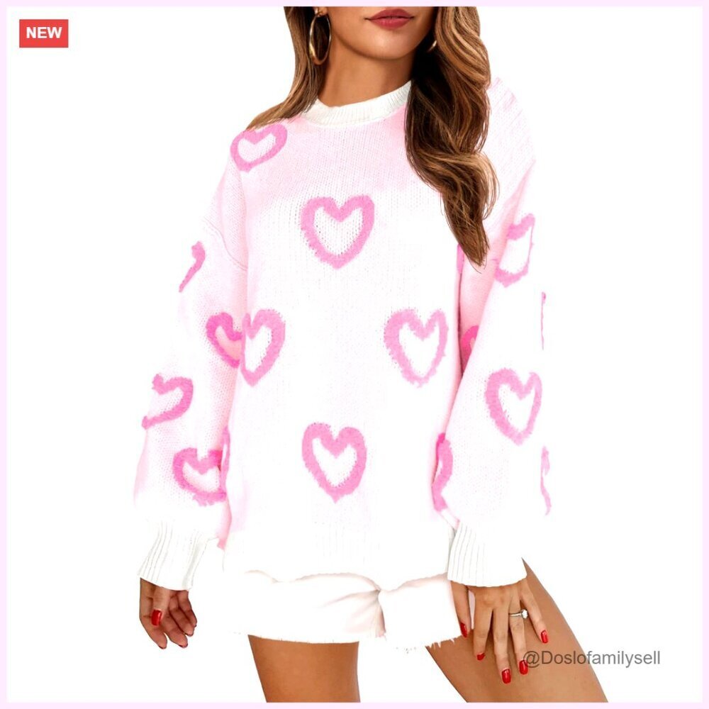 Oversized Chunky Knit Sweater Crew Neck Side Slit Winter Pullover Cute Heart